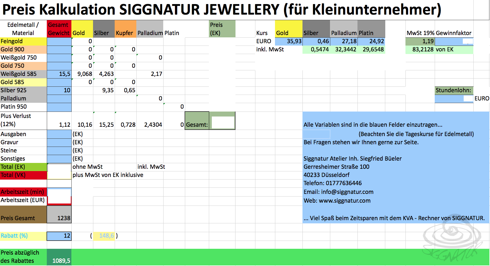 KVA Rechner für Goldschmiede Schmuckdesigner und Juweliere Excel Tabelle Rechenhilfe